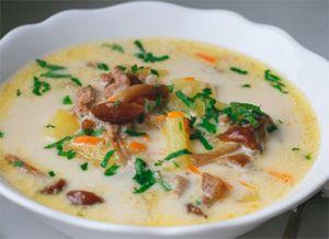 Zuppa in un piatto bianco di funghi di miele