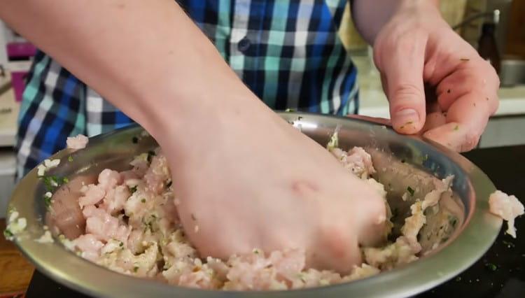 Aggiungi sale, spezie, prezzemolo alla carne macinata e mescola bene.