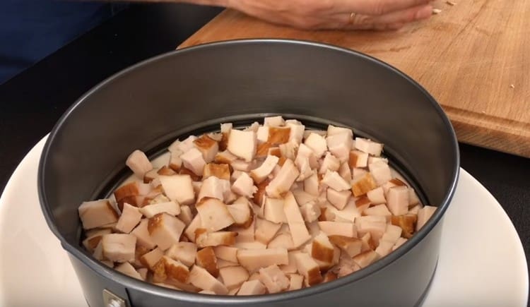 Distribuiamo la carne di pollo sul piatto, usando una forma staccabile.