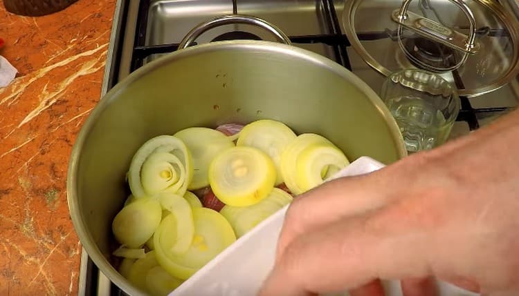 Metti uno strato di cipolla sulla carne.