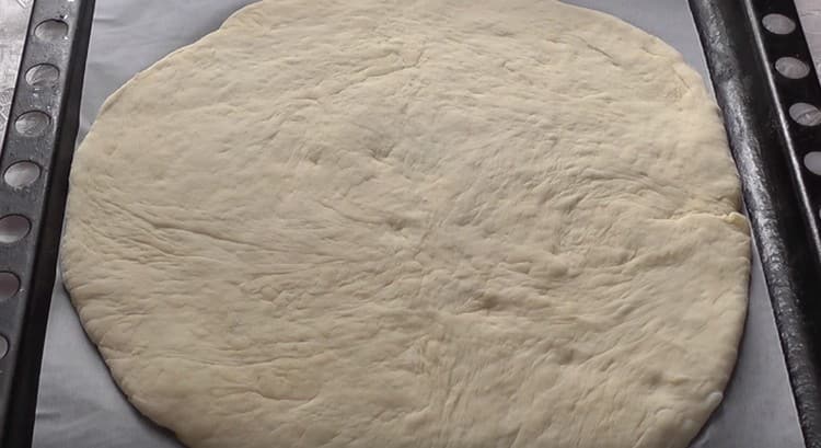 Distribuiamo l'impasto su una teglia coperta di pergamena e unta con olio vegetale.