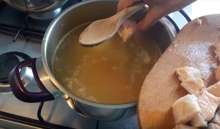 Pezzi di pesce vengono restituiti alla zuppa.