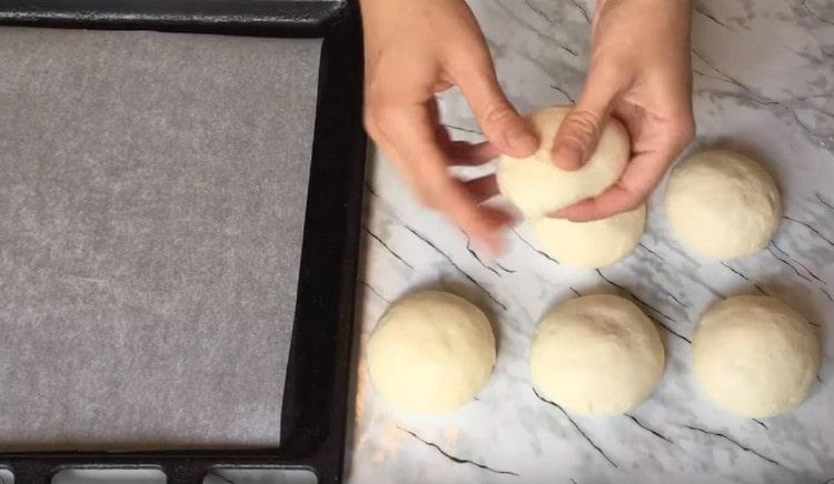 Ancora una volta, impastiamo le palline di pasta, le riportiamo in una bella forma e le adagiamo su una teglia coperta di pergamena.