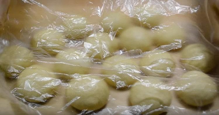 Distribuiamo le palline di pasta su una tavola o un tavolo, copriamo con un film e lasciamo riposare per 15 minuti