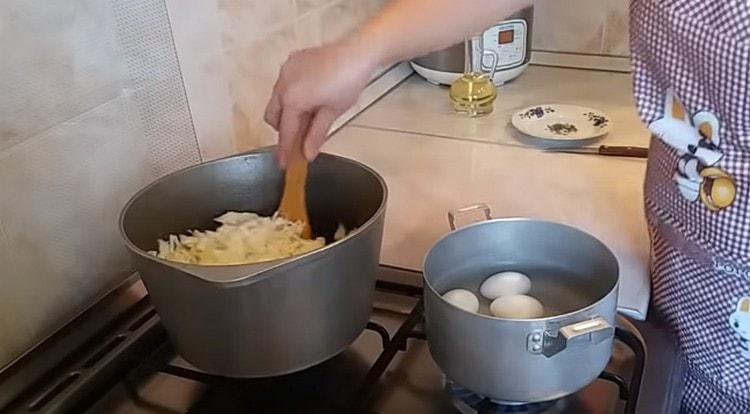 Aggiungi il cavolo alla cipolla, sale, aggiungi acqua e lascia in umido.