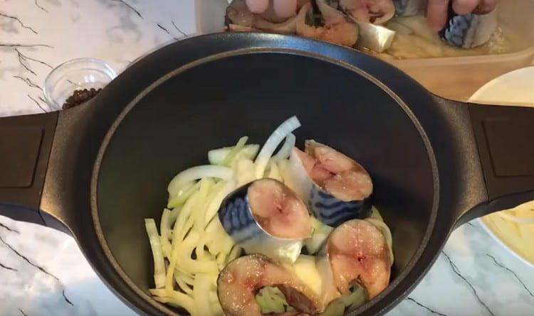 Metti uno strato di cipolla e pesce in una casseruola.