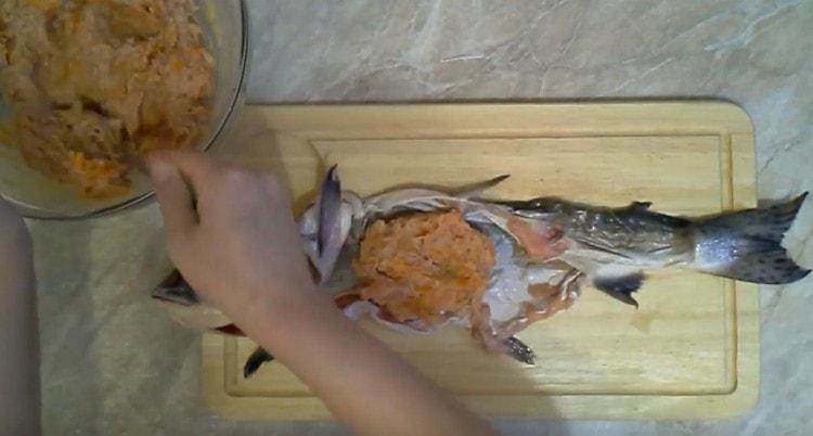 Dopo aver steso la pelle di salmone rosa sulla tavola, vi abbiamo spalmato metà della carne macinata.