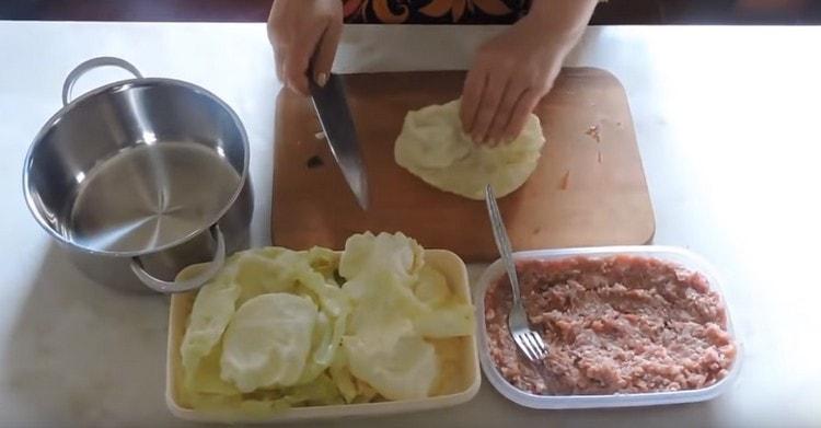 Durante la cottura, rimuovere le foglie da una forchetta da cavolo, tagliare da loro le vene spesse.