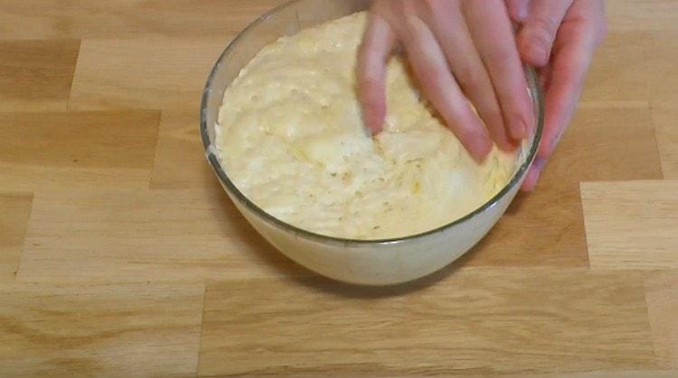 Con le mani unte, schiacciamo l'impasto lievitato.