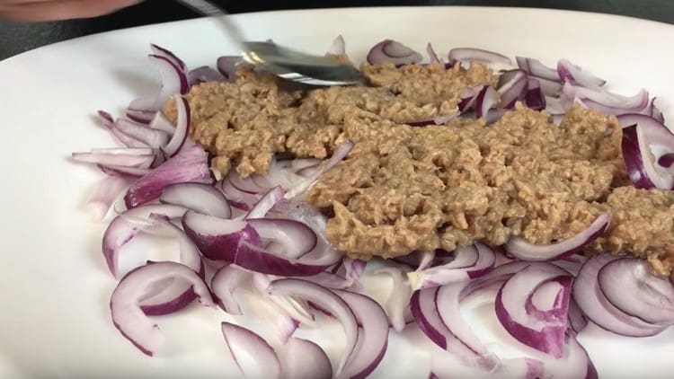 In cima alla cipolla, stendi il tonno in scatola, schiacciato con una forchetta.