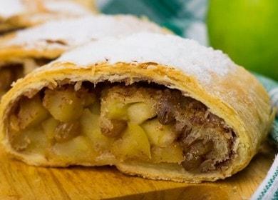 Cuciniamo uno strudel incredibilmente delizioso con mele di pasta sfoglia secondo una ricetta passo-passo con una foto.