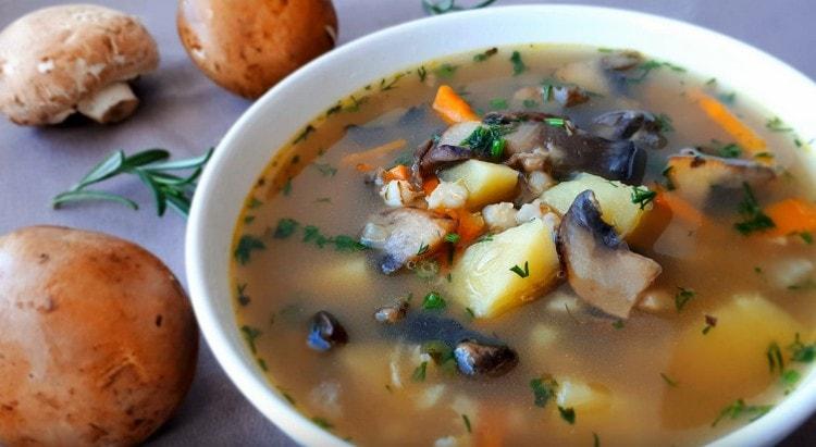 La fragrante zuppa di funghi con orzo è pronta