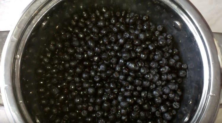 Chokeberry si lavò e si diffuse in una casseruola.