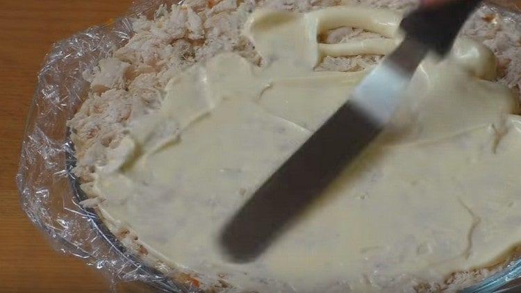 In cima alle carote, spalmare la carne di pollo, ungere con maionese.