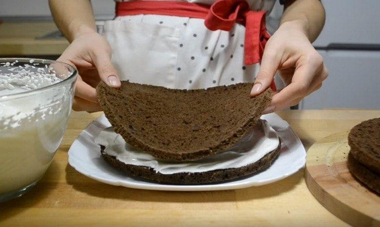 Raccogliamo la torta, spalmando le torte con la panna.