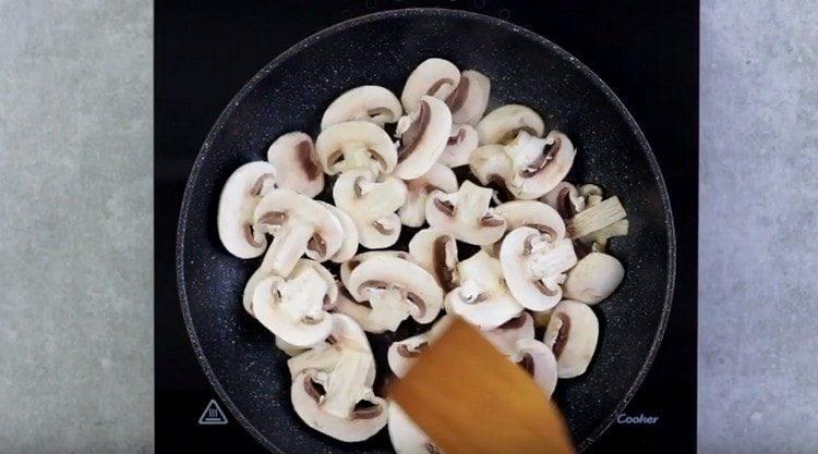 tagliare i funghi in piatti e friggerli in padella.