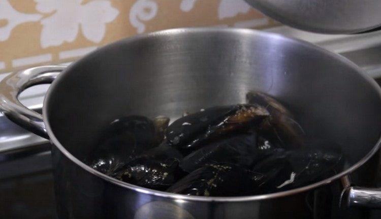 Mettiamo le cozze nel vino sul fornello e le facciamo bollire.